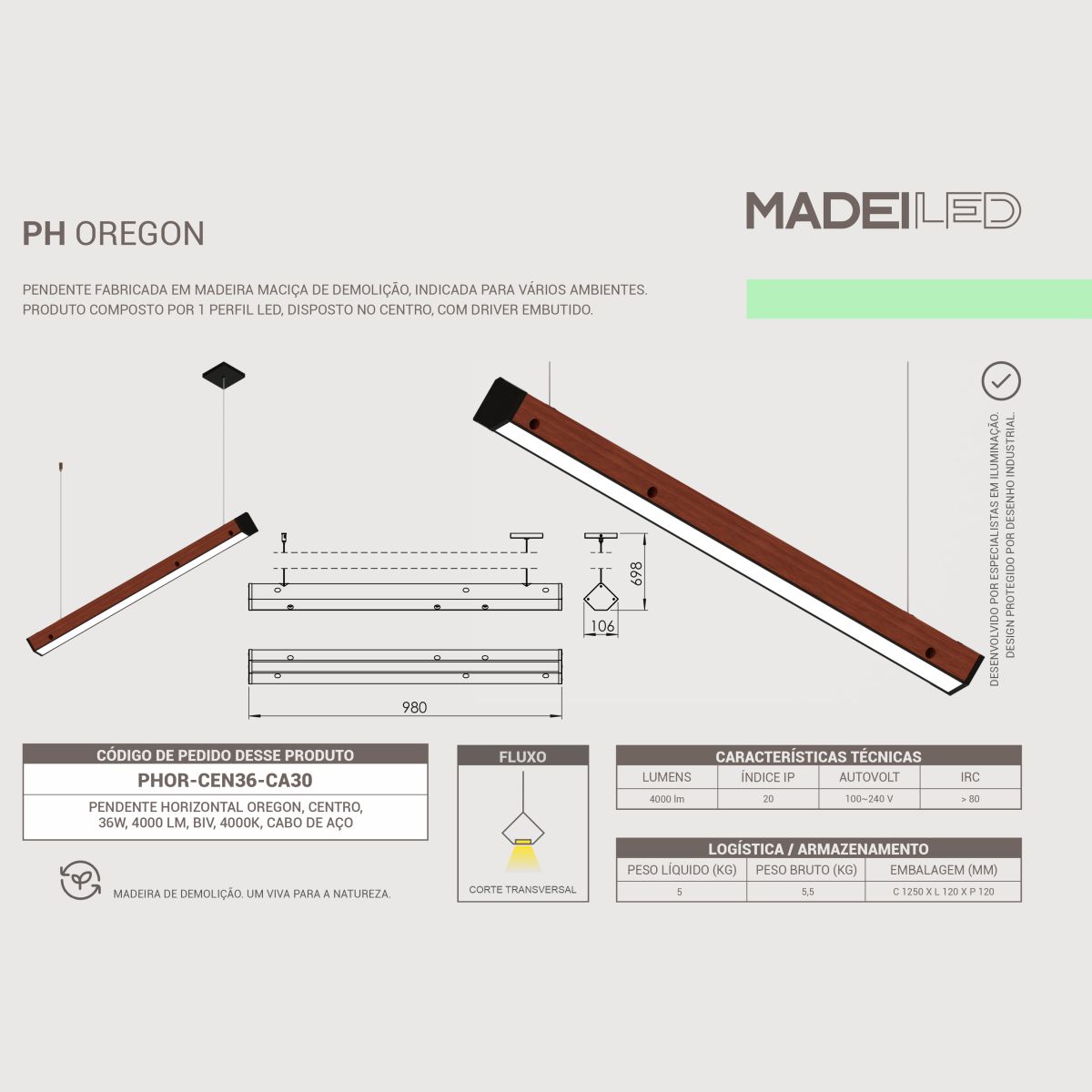 Pendente Led Horizontal Oregon 36w 4000lm Madeira Maciça