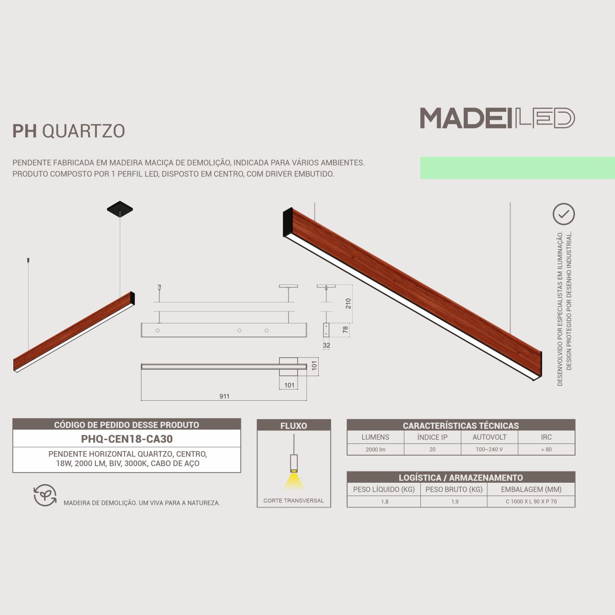 Pendente Led Horizontal Quartzo 18w 2000lm Bivolt - Madeira Maciça