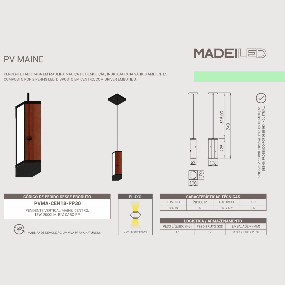 Pendente Led Maine 18w 2000lm Bivolt Madeira Maciça