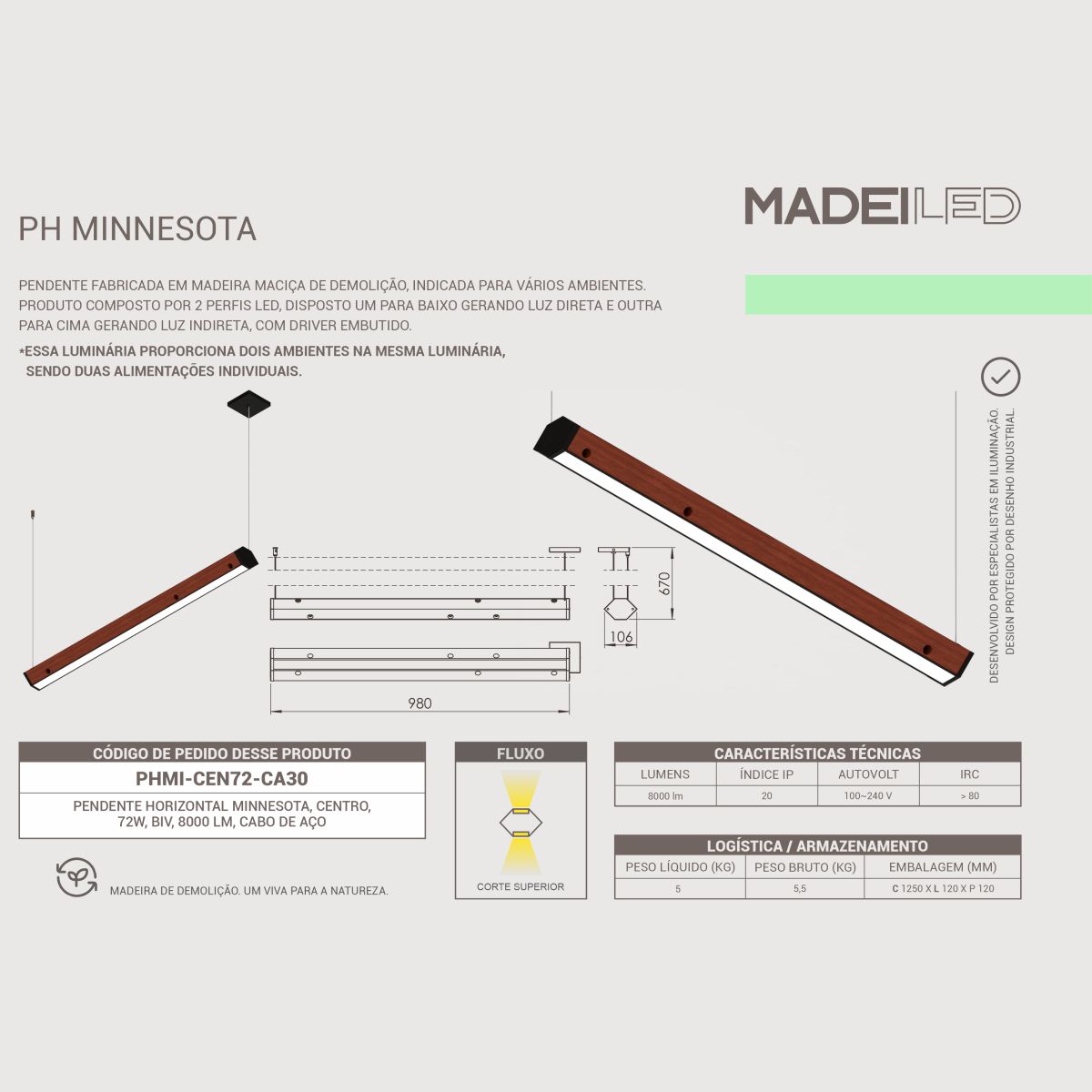Pendente Led Minnesota 72w 8000lm Bivolt Madeira com 2 Focos