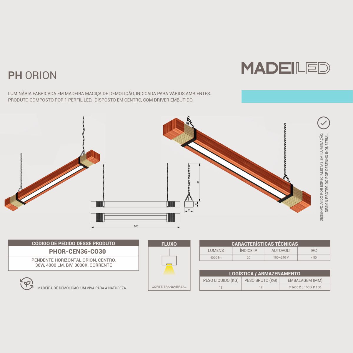 Pendente Led Orion 36w 4000lm Bivolt Madeira Maciça Corrente
