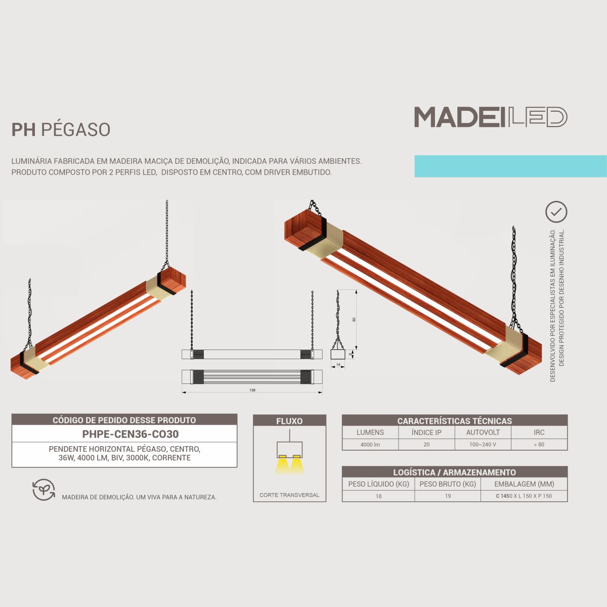 Pendente Led Pégaso 36w 4000lm Bivolt Madeira Maciça Corrente