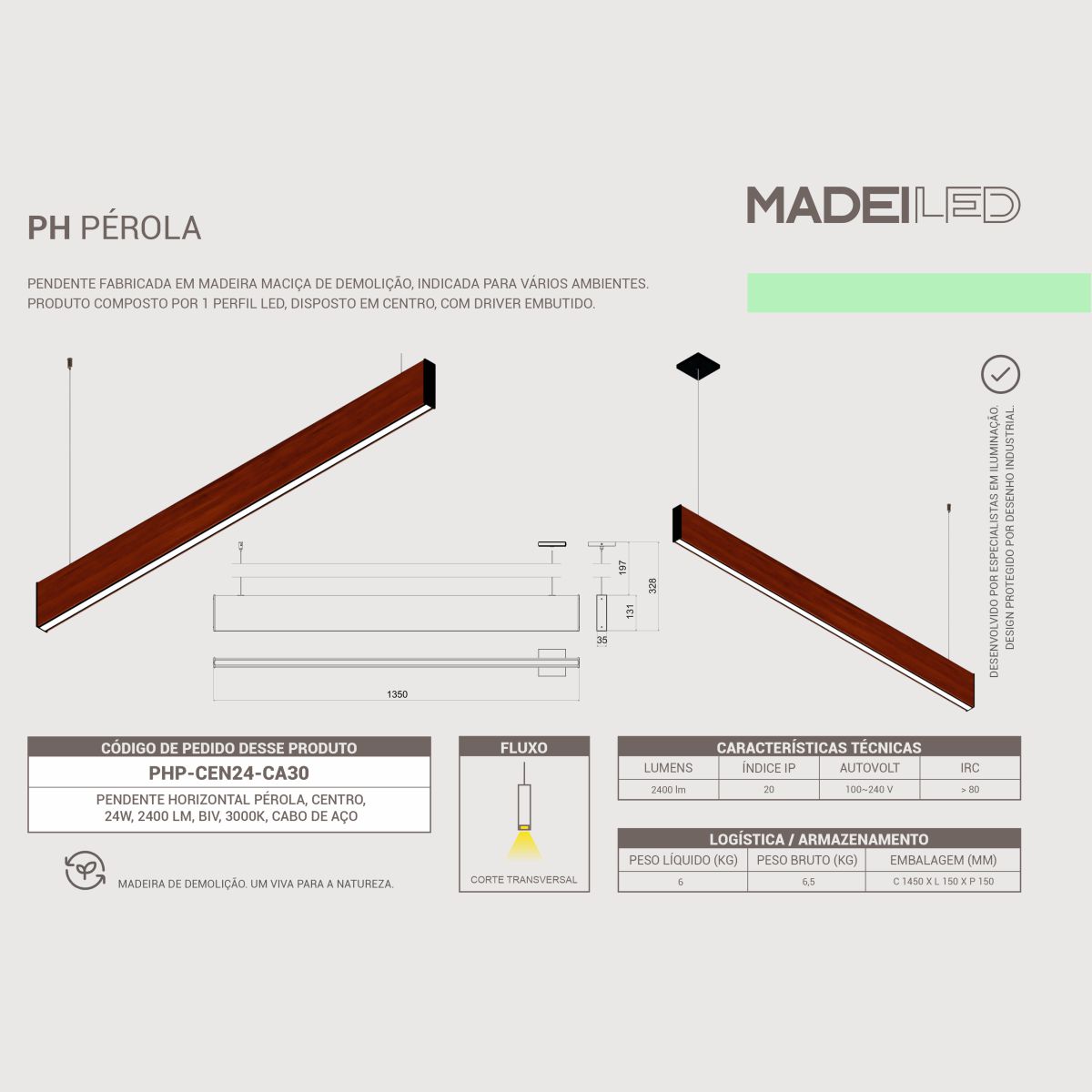 Pendente Led Pérola 24w 2400lm Bivolt em Madeira Maciça