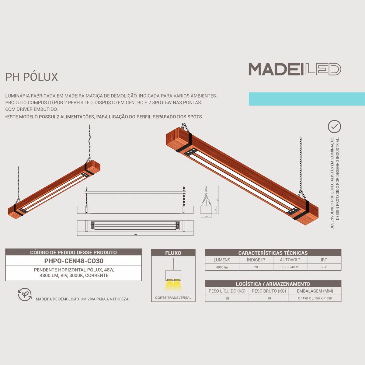 Pendente Led Pólux 48w 4800lm Bivolt Madeira Maciça Corrente