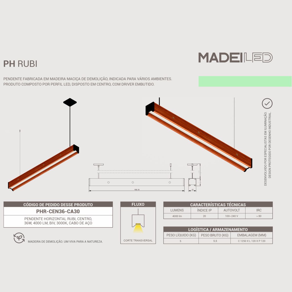Pendente Led Rubi 36w 4000lm Bivolt Madeira Maciça