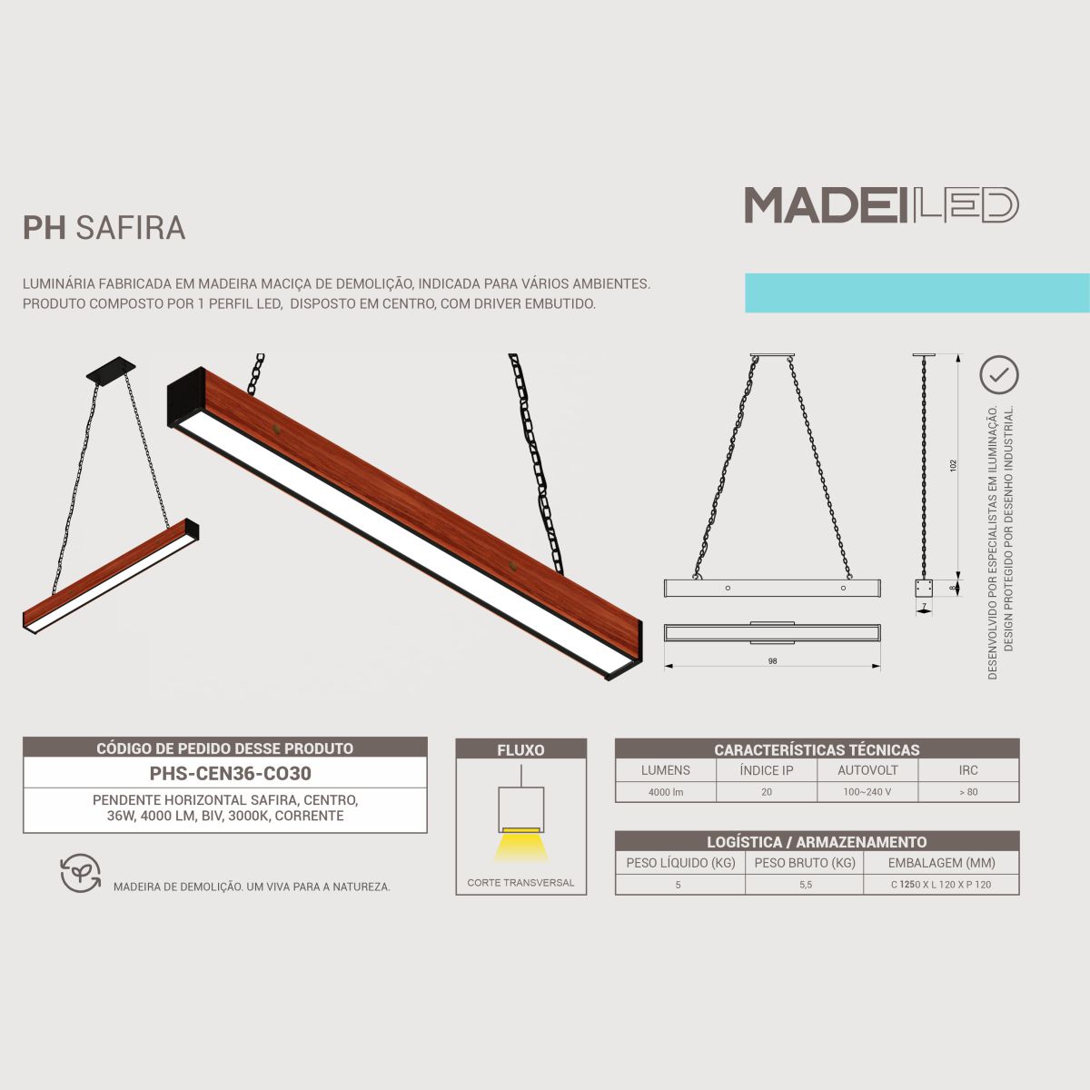 Pendente Led Safira 36w 4000lm Madeira Maciça Corrente