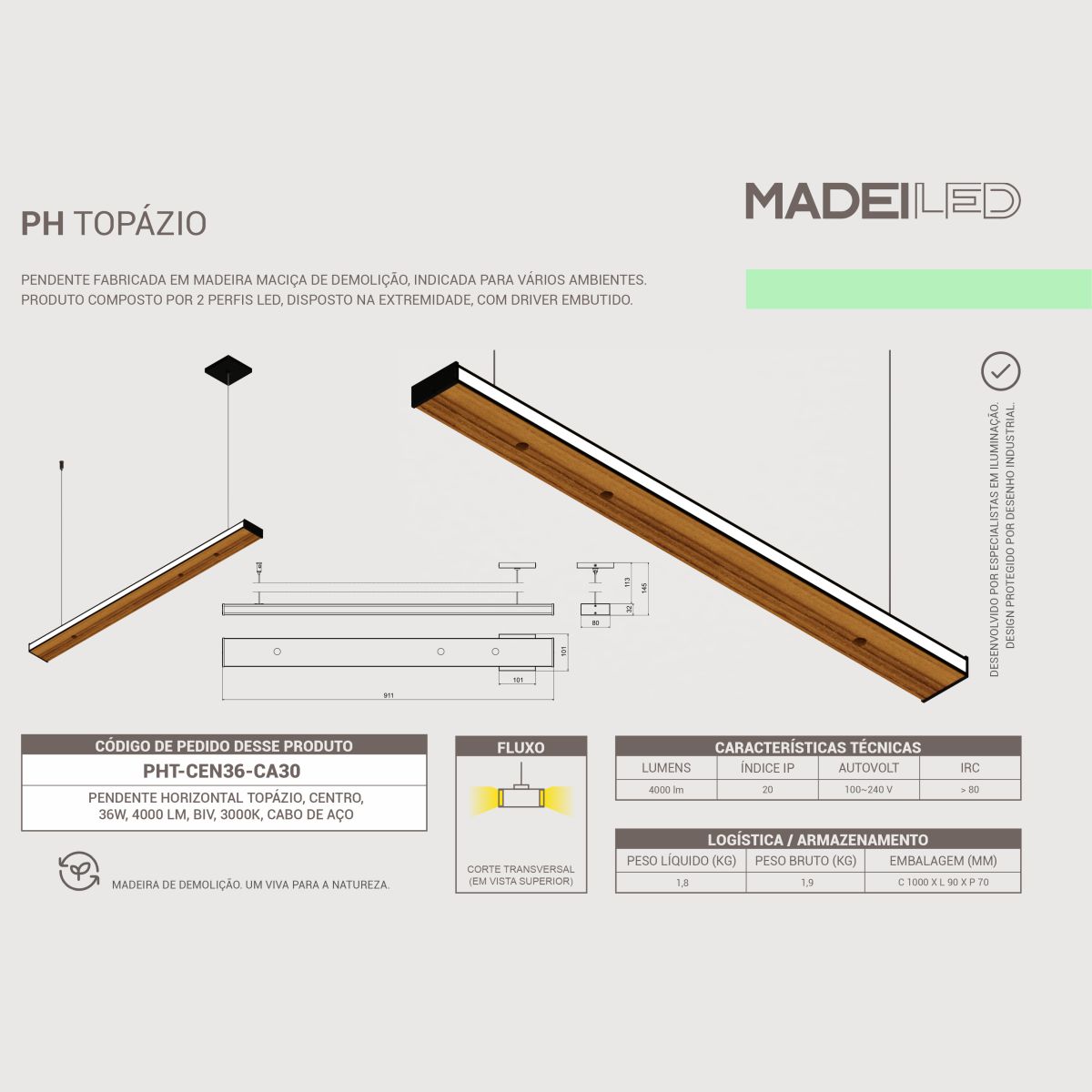 Pendente Led Topázio 36w 4000lm Bivolt em Madeira Maciça