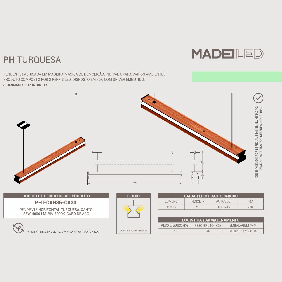 Pendente Led Turquesa 36w 4000lm Bivolt - Design em Madeira