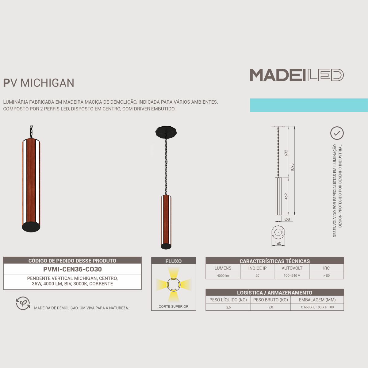 Pendente Led Vertical Michigan 36w 4000lm Madeira Corrente