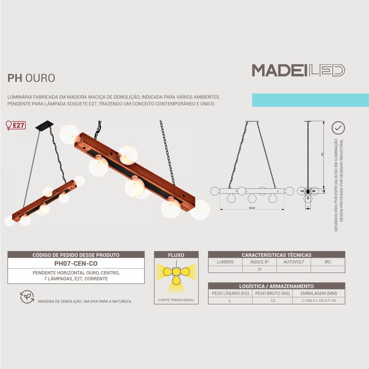 Pendente Ouro em Madeira Maciça com 7 Soquetes E27 Corrente