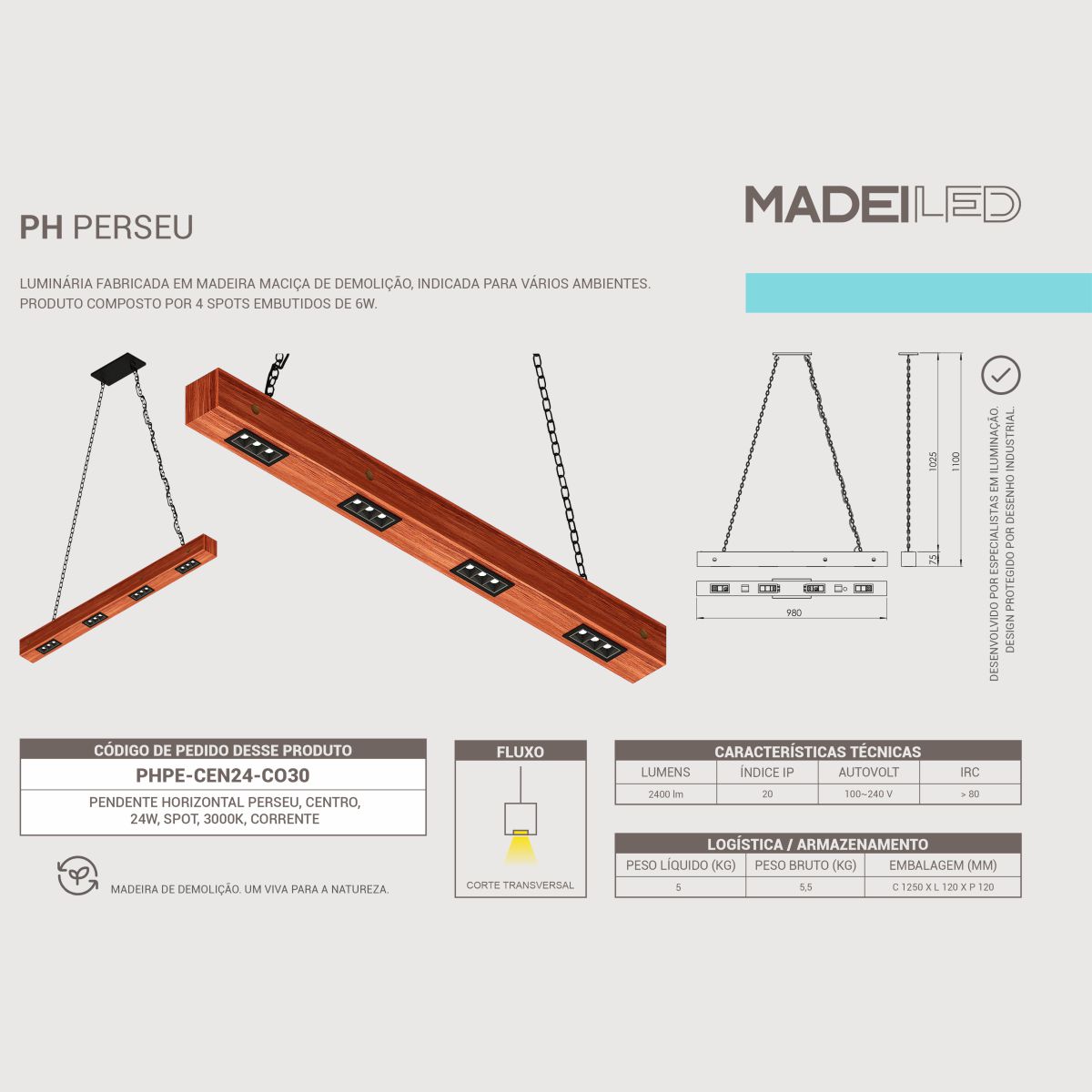 Pendente Perseu 24w Bivolt em Madeira Maciça com Corrente