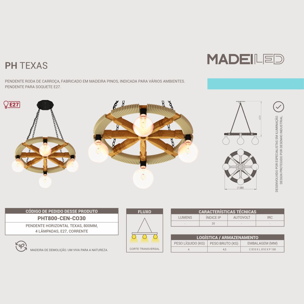 Pendente Rústico Texas 800mm em Madeira Maciça 4 Soquete E27
