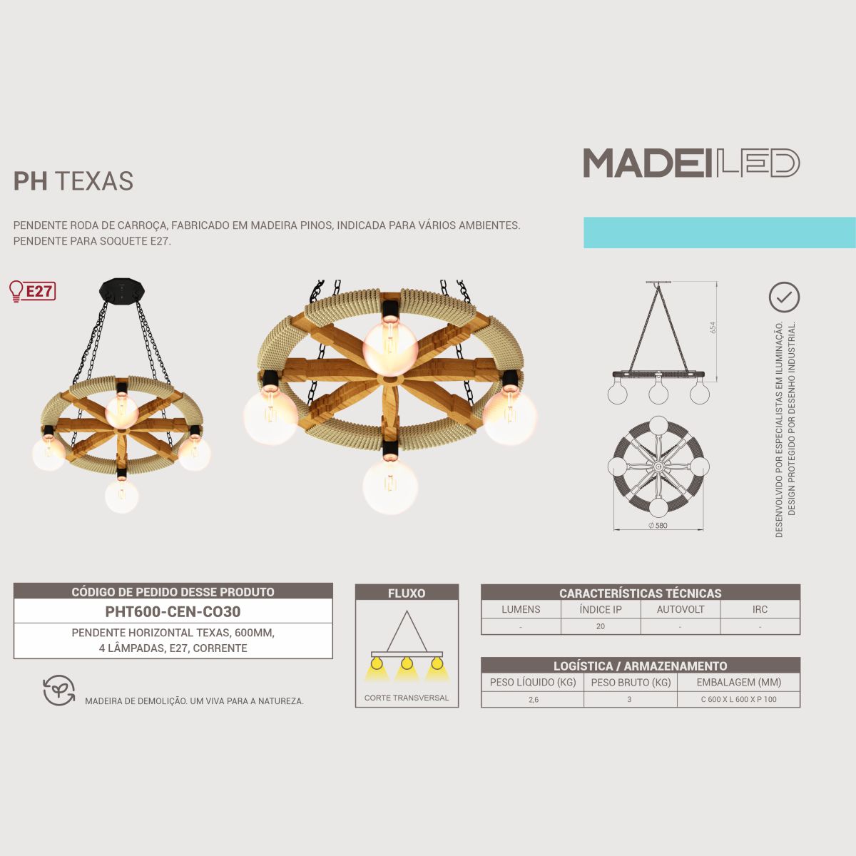 Pendente Texas 600 em Madeira Maciça Corrente 4 Soquete E27