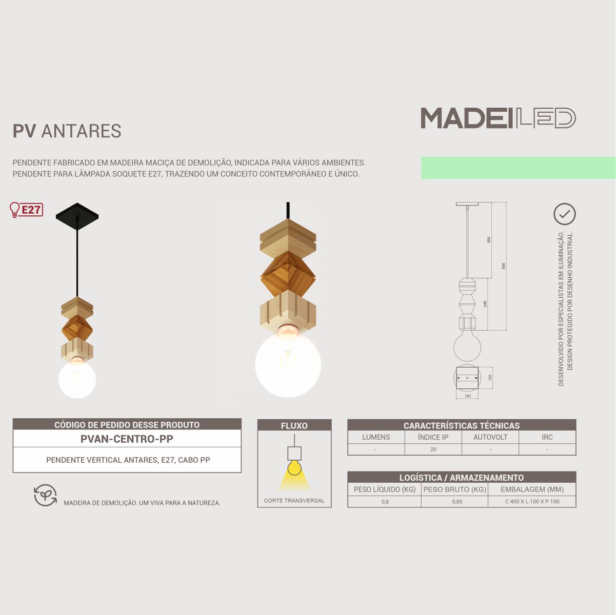 Pendente Vertical Led Antares - Madeira Maciça, Soquete E27