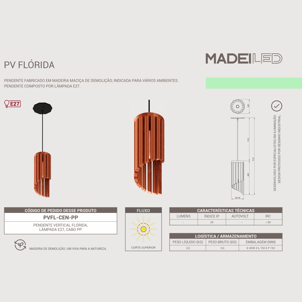 Pendente Vertical Madeira Florida com Cabo Pp e Soquete E27