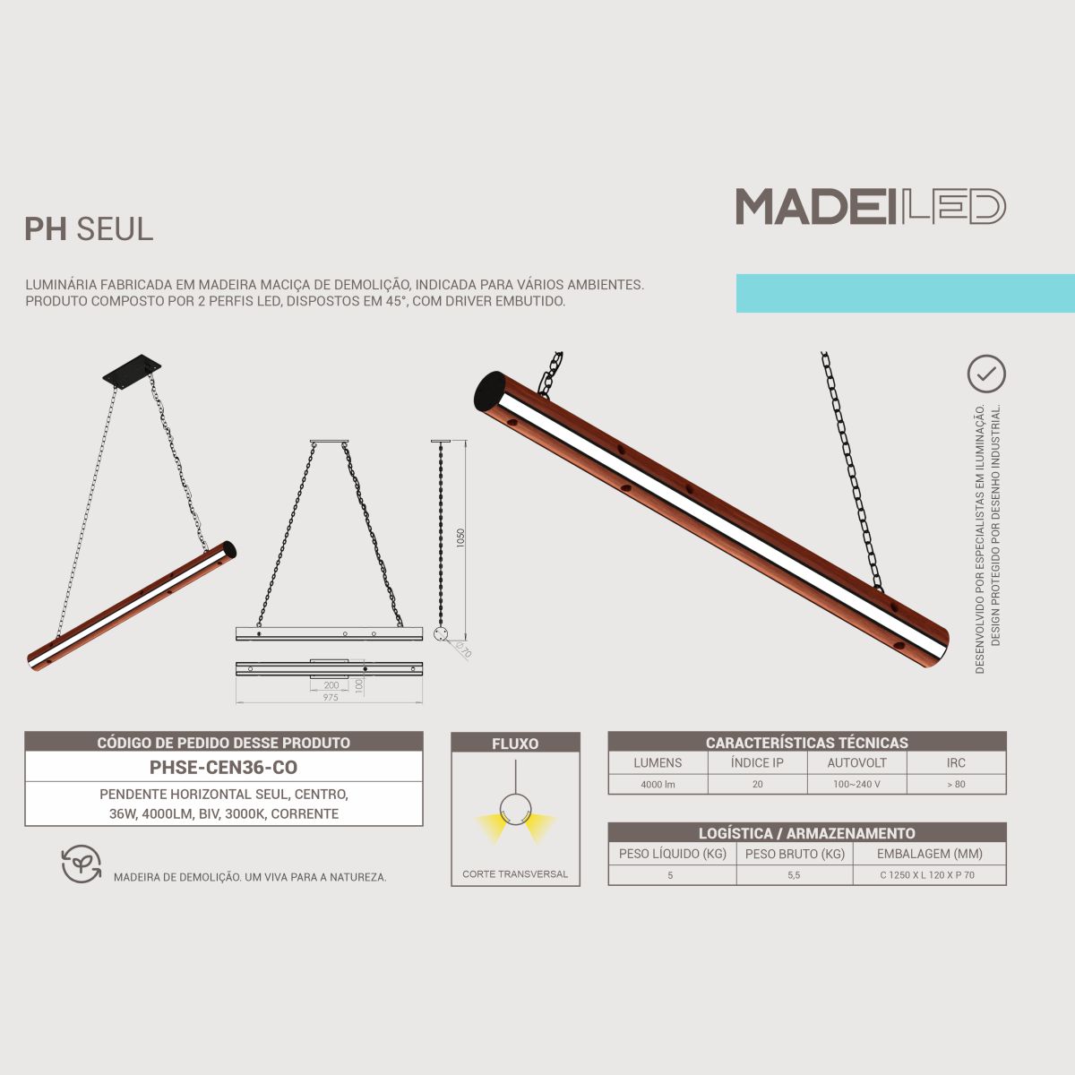 Pendente de Madeira LED Seul 36W com Corrente para Ambientes Modernos