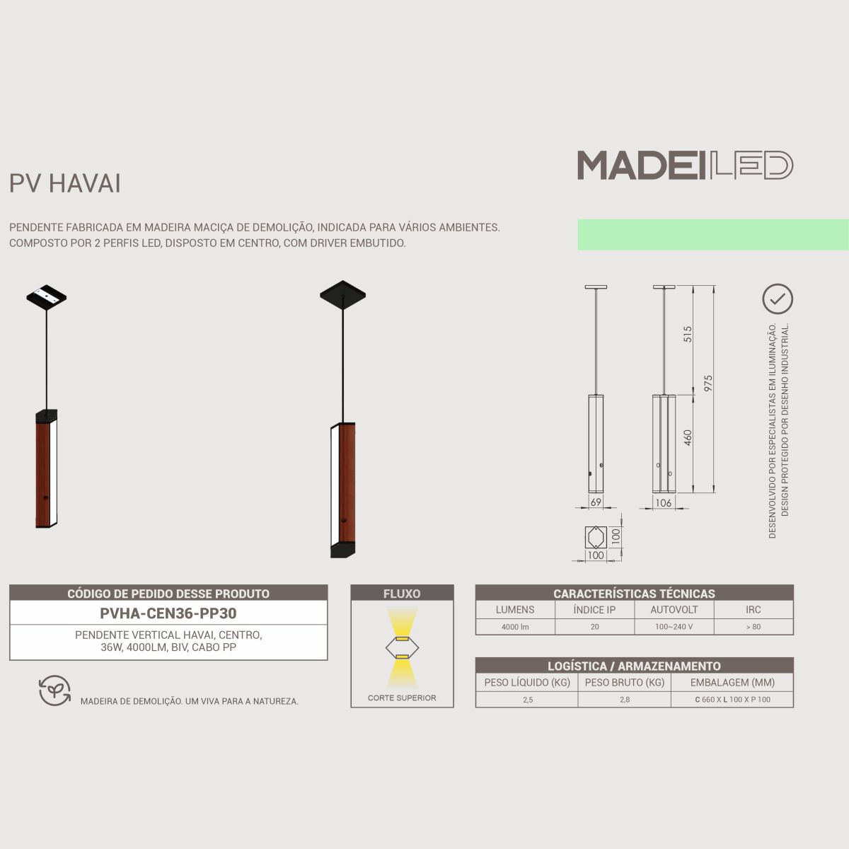 Pendente de Madeira Maciça com Led Havai 36w 4000lm Bivolt