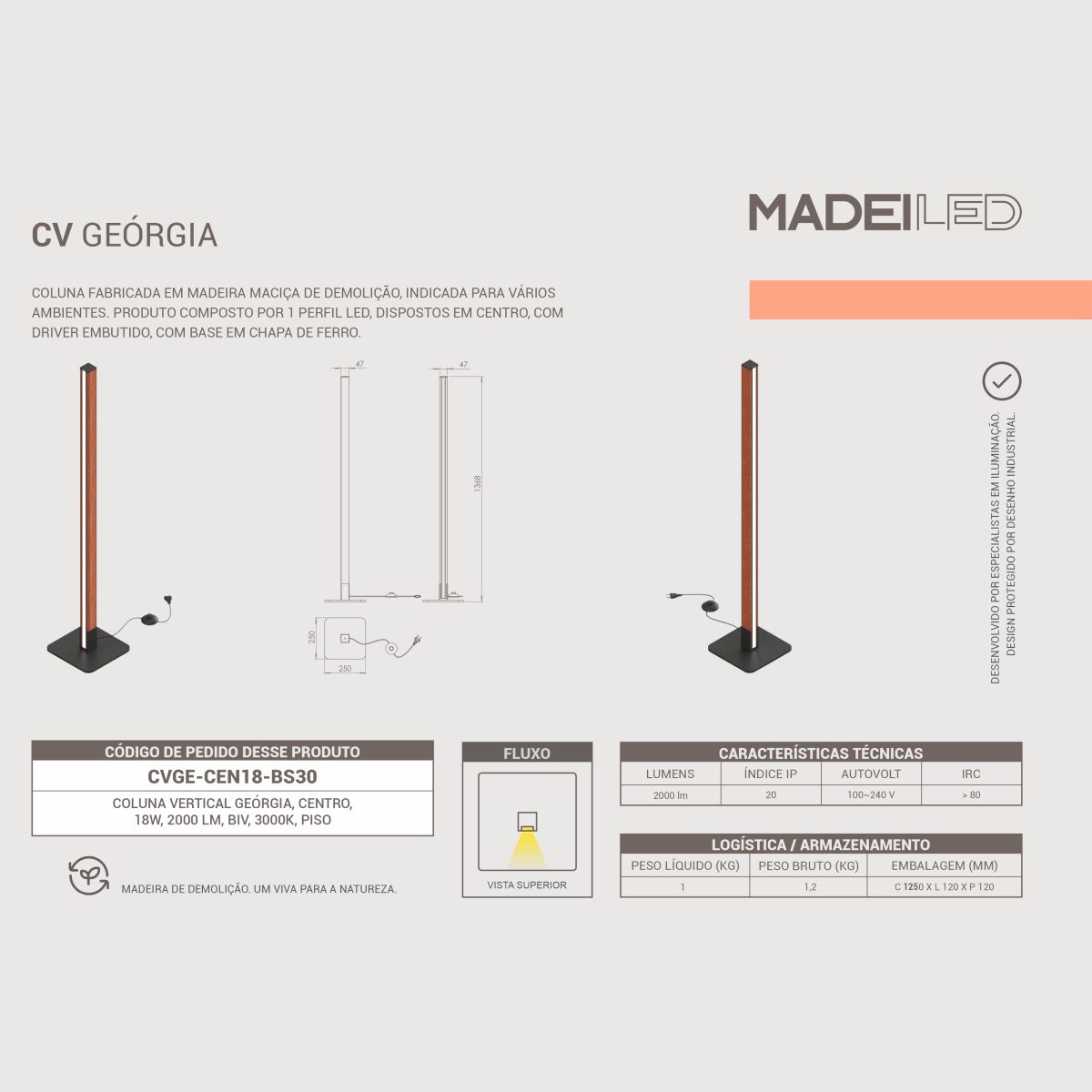 kit 2 Luminária de Chão Coluna LED Geórgia 18W Bivolt 2000LM em Madeira Maciça