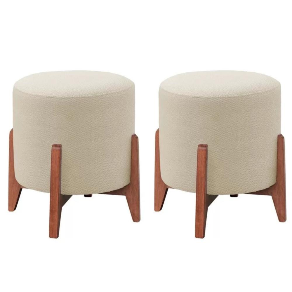 Kit 2 Puff Decorativo para Sala Thor Suede Bege Madeira Estofados