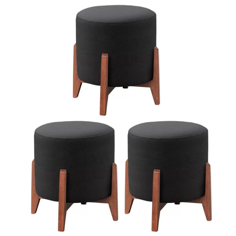 Kit 3 Puff Decorativo para Sala Thor Suede Preto Madeira Estofados