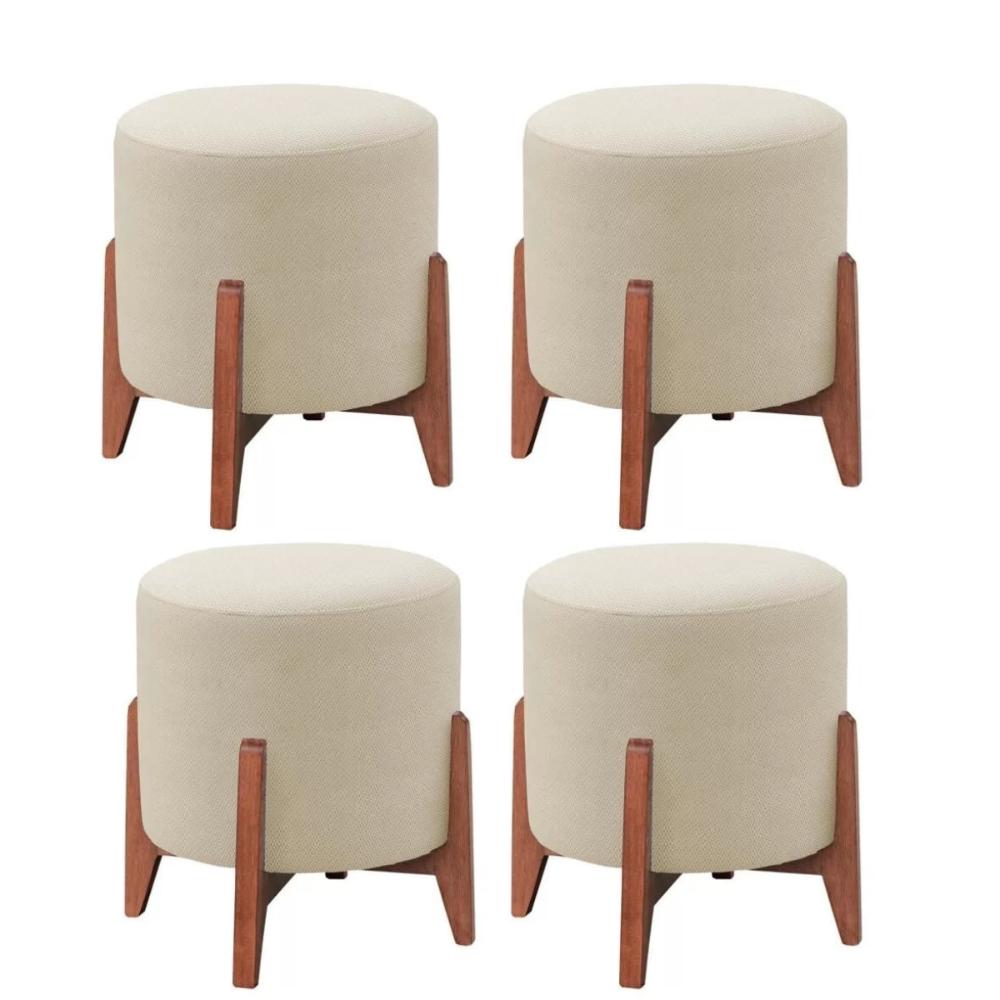 Kit 4 Puff Decorativo para Sala Thor Linho Bege Madeira Estofados