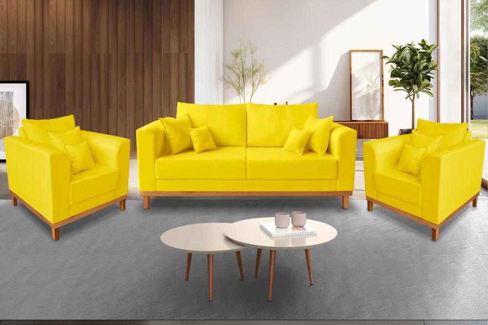 Kit Sofá 3 Lugares e Poltronas Sala de Estar Beny Suede Amarelo Madeira Estofados