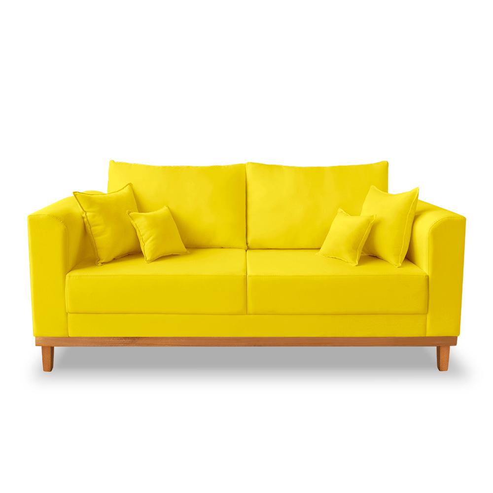 Kit Sofá 3 Lugares e Poltronas Sala de Estar Beny Suede Amarelo Madeira Estofados