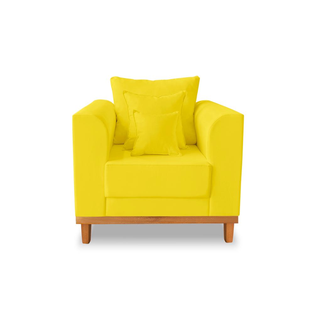 Kit Sofá 3 Lugares e Poltronas Sala de Estar Beny Suede Amarelo Madeira Estofados