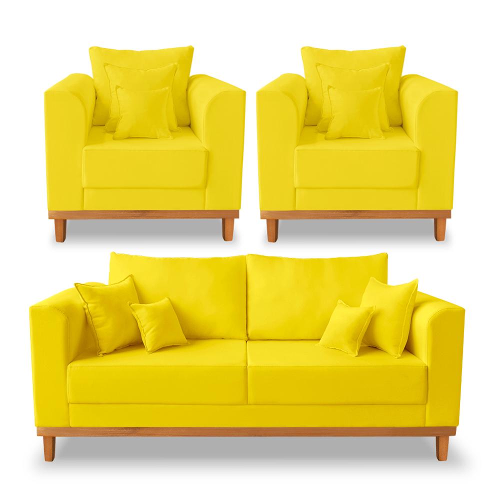 Kit Sofá 3 Lugares e Poltronas Sala de Estar Beny Suede Amarelo Madeira Estofados