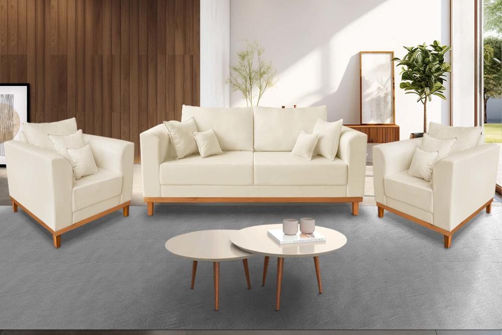 Kit Sofá 3 Lugares e Poltronas Sala de Estar Beny Suede Madeira Estofados