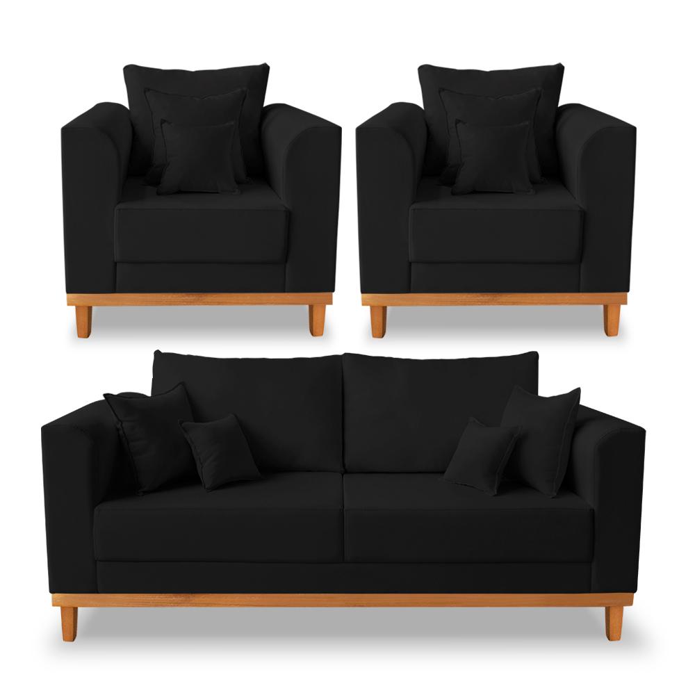 Kit Sofá 3 Lugares e Poltronas Sala de Estar Beny Suede Preto Madeira Estofados
