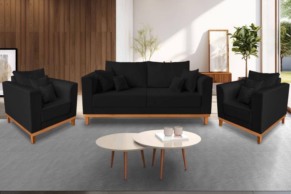 Kit Sofá 3 Lugares e Poltronas Sala de Estar Beny Suede Preto Madeira Estofados