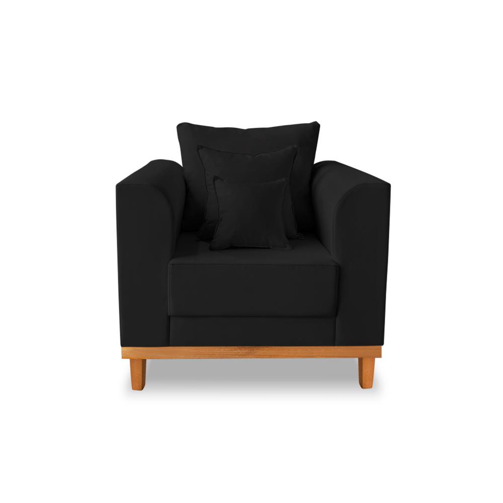Kit Sofá 3 Lugares e Poltronas Sala de Estar Beny Suede Preto Madeira Estofados