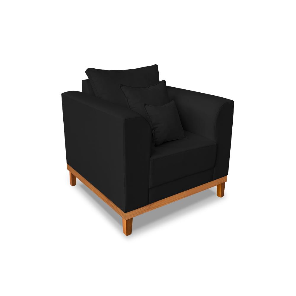 Kit Sofá 3 Lugares e Poltronas Sala de Estar Beny Suede Preto Madeira Estofados