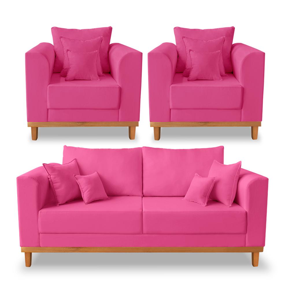 Kit Sofá 3 Lugares e Poltronas Sala de Estar Beny Suede Rosa Madeira Estofados