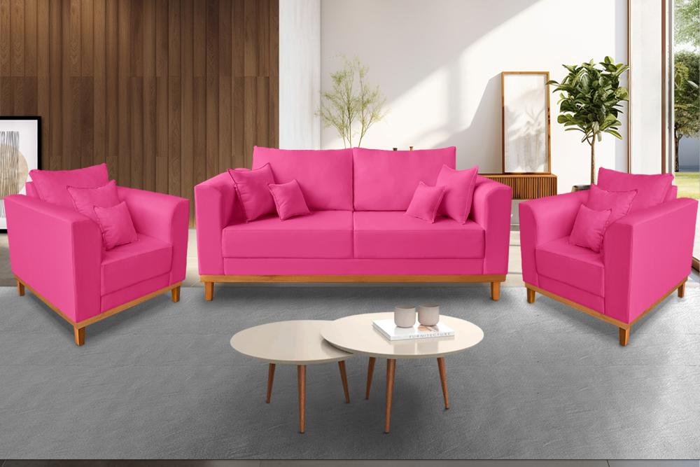 Kit Sofá 3 Lugares e Poltronas Sala de Estar Beny Suede Rosa Madeira Estofados