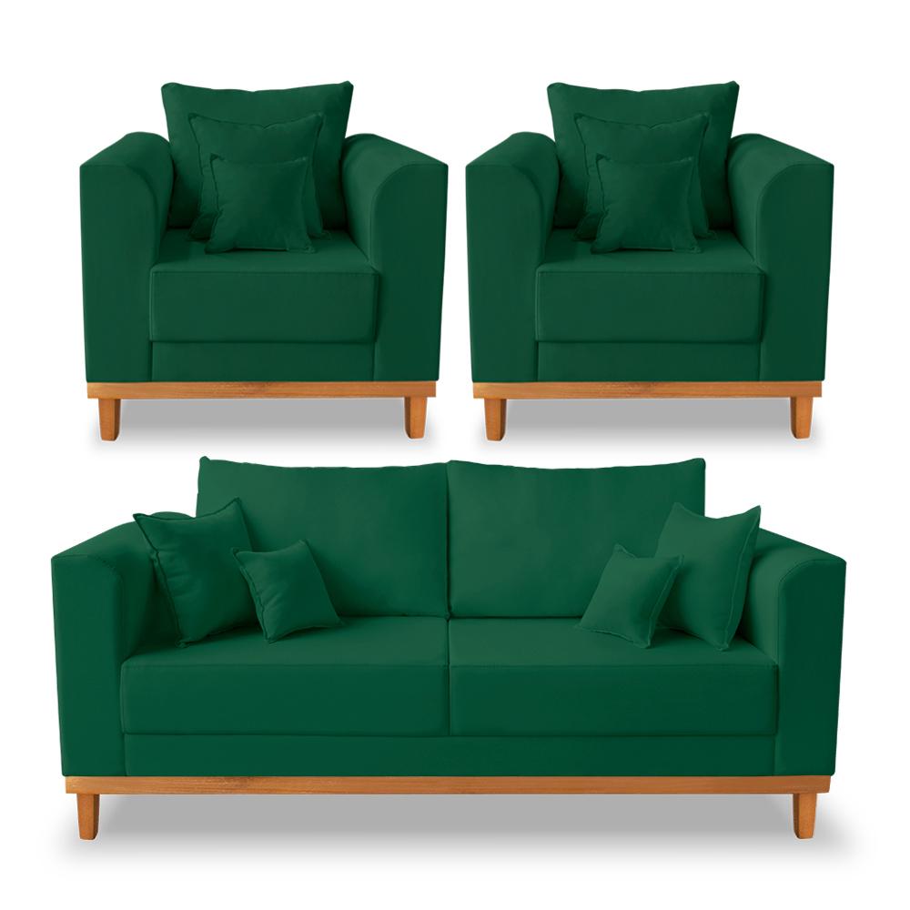 Kit Sofá 3 Lugares e Poltronas Sala de Estar Beny Suede Verde Madeira Estofados