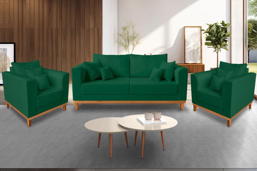 Kit Sofá 3 Lugares e Poltronas Sala de Estar Beny Suede Verde Madeira Estofados