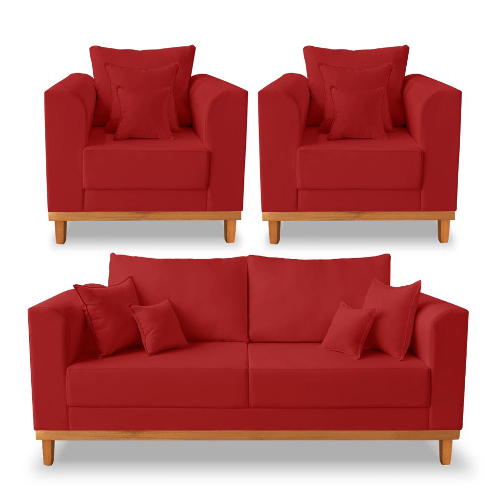 Kit Sofá 3 Lugares e Poltronas Sala de Estar Beny Suede Vermelho Madeira Estofados