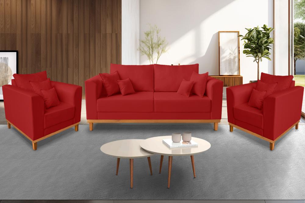 Kit Sofá 3 Lugares e Poltronas Sala de Estar Beny Suede Vermelho Madeira Estofados