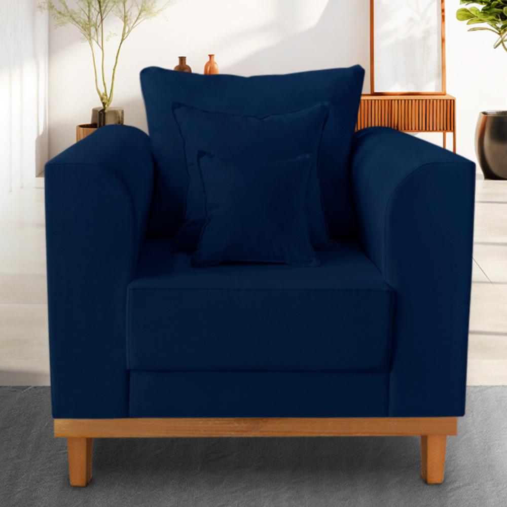 Poltrona Sala de Estar Beny Linho Azul Com Almofadas Decorativas Madeira Estofados
