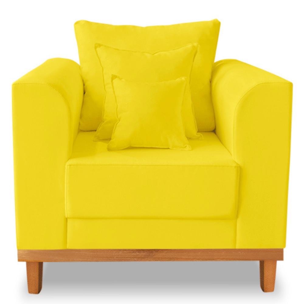 Poltrona Sala de Estar Beny Suede Amarelo Com Almofadas Decorativas Madeira Estofados