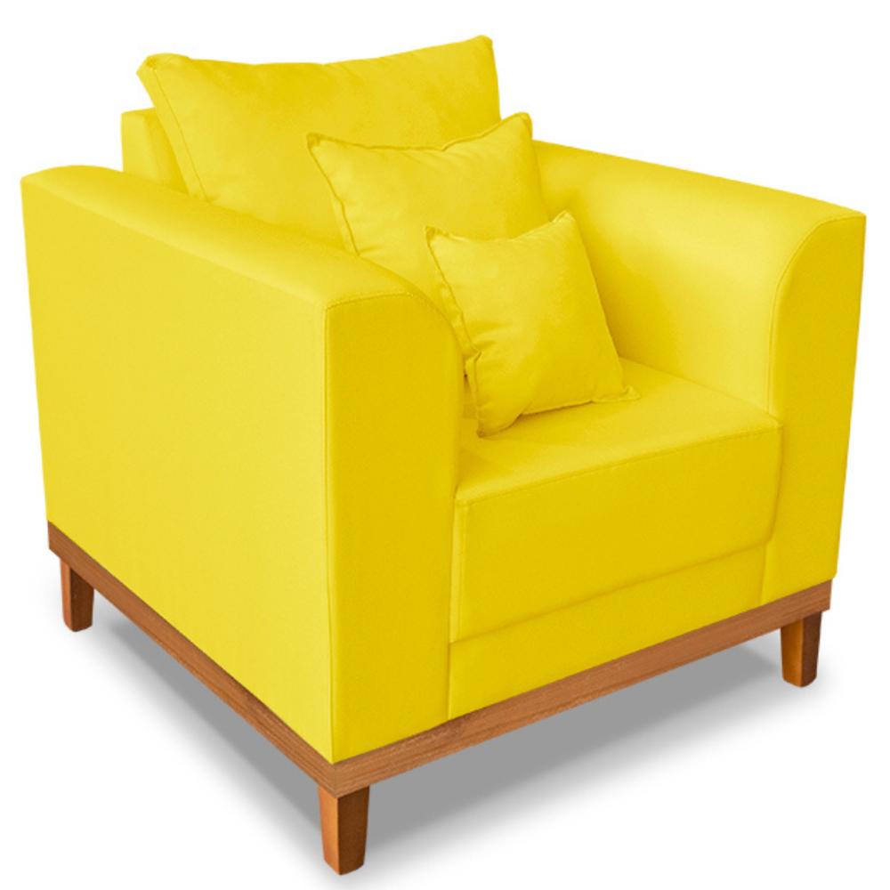 Poltrona Sala de Estar Beny Suede Amarelo Com Almofadas Decorativas Madeira Estofados