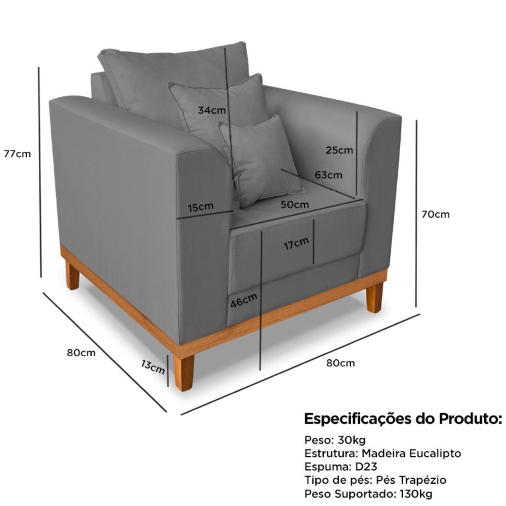 Poltrona Sala de Estar Beny Suede Azul Com Almofadas Decorativas Madeira Estofados