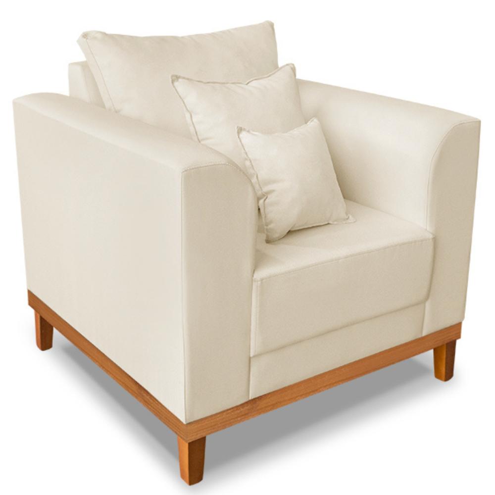 Poltrona Sala de Estar Beny Suede Bege Com Almofadas Decorativas Madeira Estofados