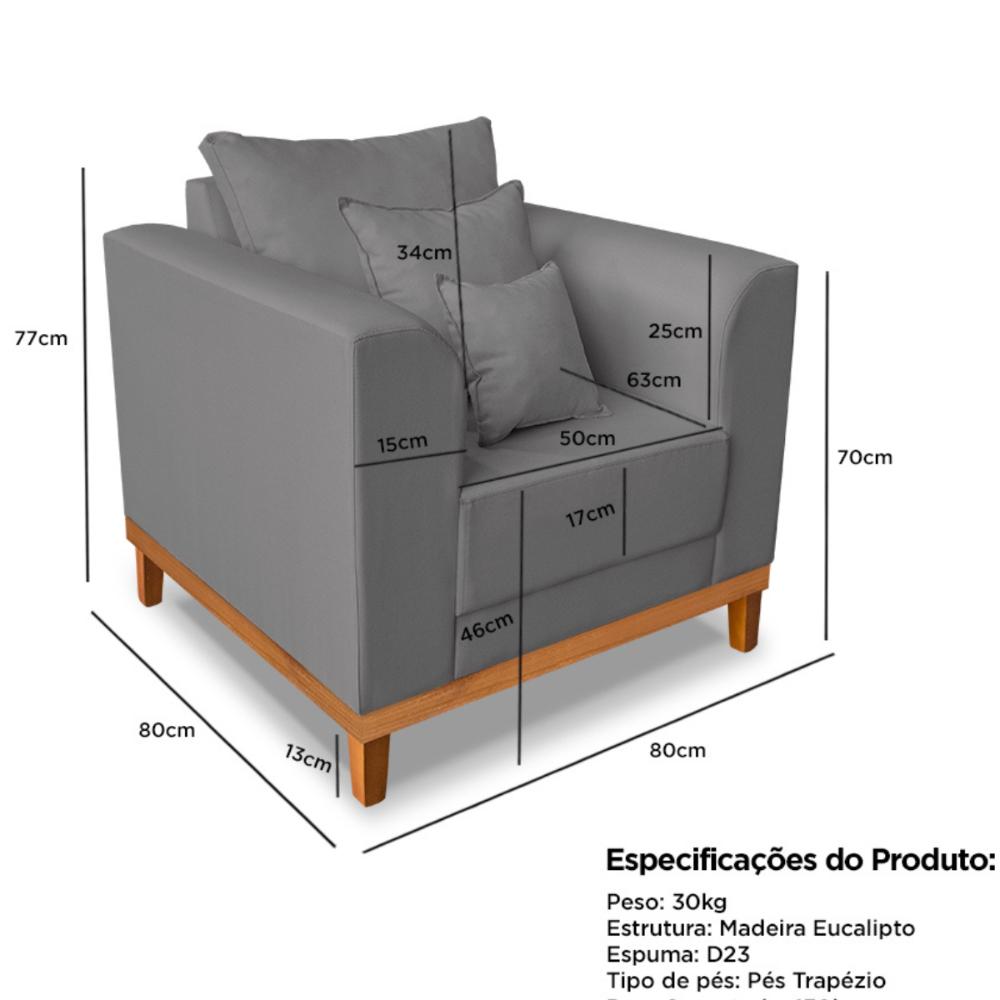 Poltrona Sala de Estar Beny Suede Bege Com Almofadas Decorativas Madeira Estofados