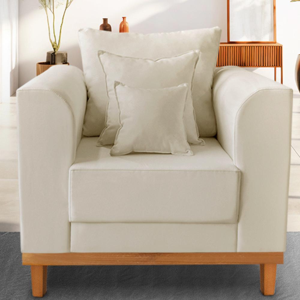 Poltrona Sala de Estar Beny Suede Com Almofadas Decorativas Madeira Estofados