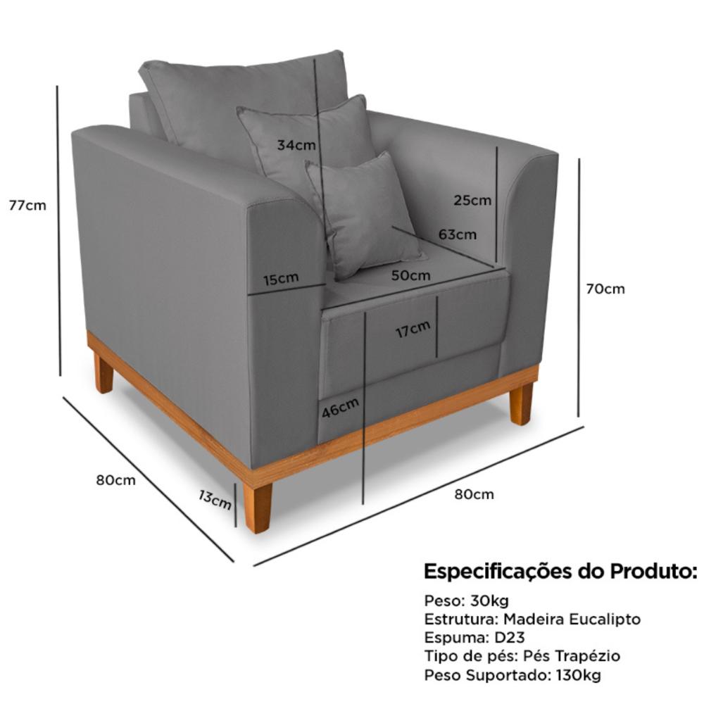 Poltrona Sala de Estar Beny Suede Grafite Com Almofadas Decorativas Madeira Estofados