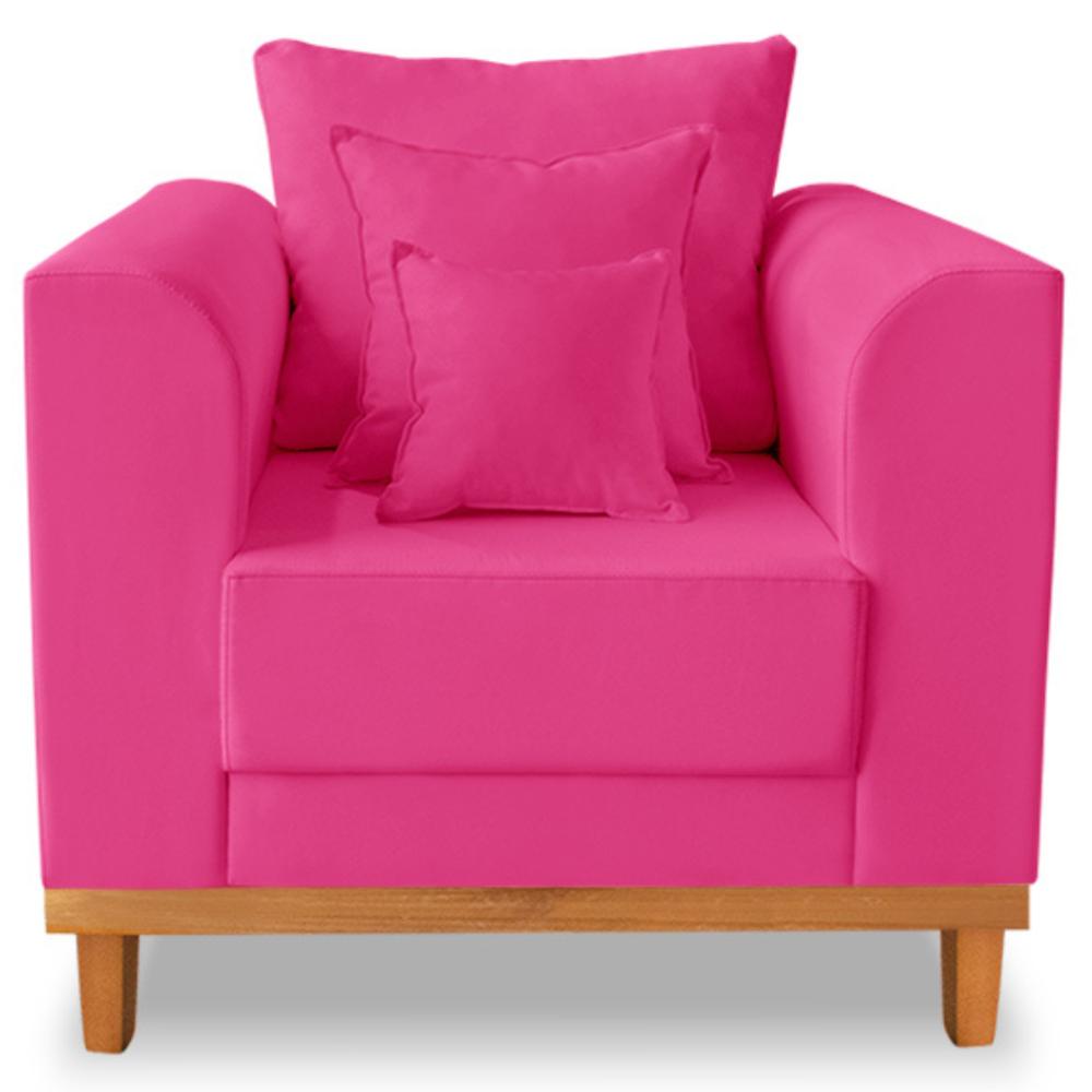Poltrona Sala de Estar Beny Suede Pink Com Almofadas Decorativas Madeira Estofados