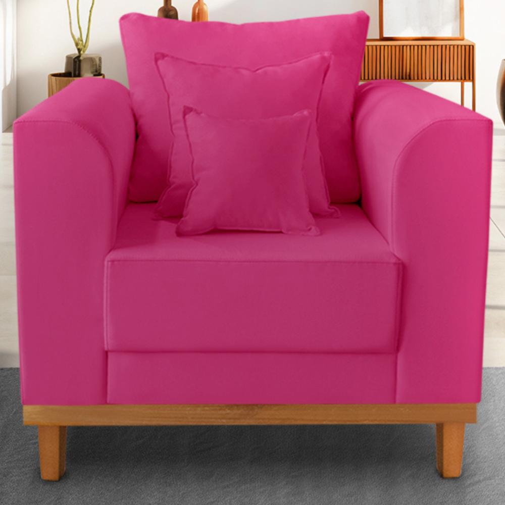 Poltrona Sala de Estar Beny Suede Pink Com Almofadas Decorativas Madeira Estofados